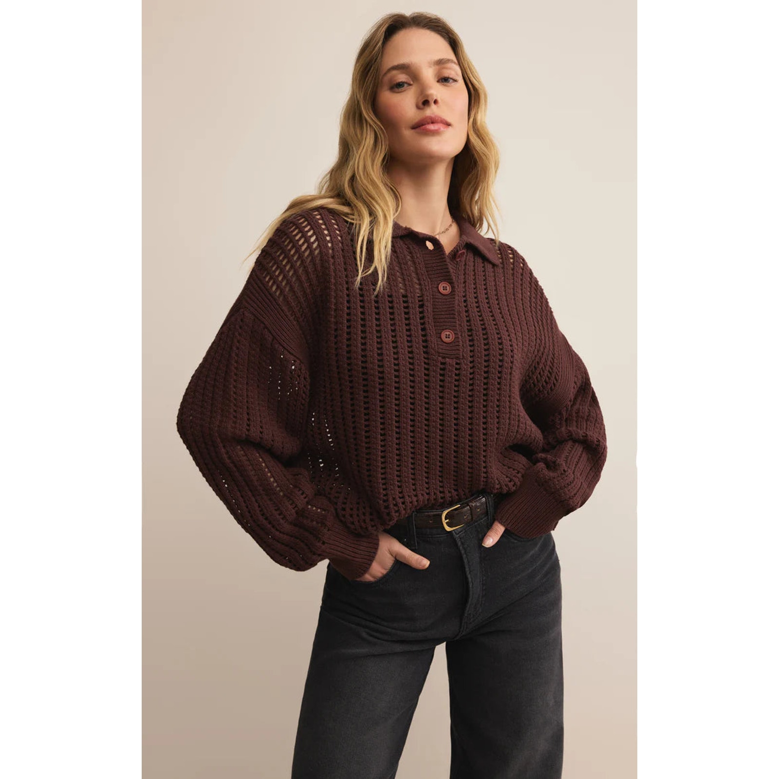 Z Supply Looking Glass Crochet Polo Sweater - Sandalwood Nwt Various Sizes